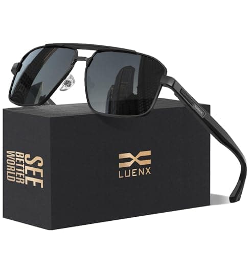Image of LUENX Sunglasses-for-Men-Polarized-UV400-Protection,Square Polygon Shades Driving Ultralight Sun Glasses 60mm Black Lens Black Metal Frame Glossy Temple