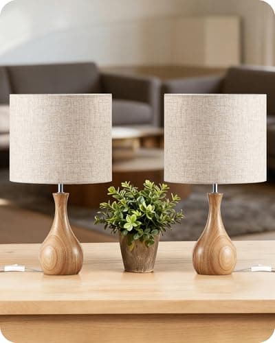 Image of GOEBLESON Small Table Lamps Set of 2, Wood Desk Lamp with Bottle-Shaped Base and Linen Shade, Bedside Lamp, E27 LED Bulb Included, for Living Room, Bedroom, Beige and Natural ZME09TLKP205