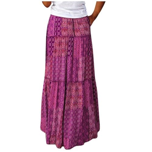 Image of Women's Maxi Skirts Bohemian Chiffon High Waisted Casual Skirts with Pockets Elasticated Waist Summer Pleated Long Dresses Elegant Flowy A-Line Beach Skirt Holiday Drawstring Tiered Skirts Purple