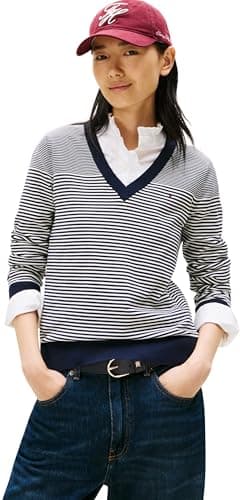 Image of Tommy Hilfiger Women’s V-Neck Jersey Knitted Jumper, Multicolor (Bretton Stripe Dark Night Navy), 3XL