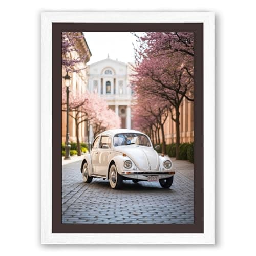 Image of Beetle Among Cherry Blossoms Vintage Framed Wall Art Print A4 (29.7×21cm) White, Wall Decor for Living Room, Bedroom, Office & Home, Ready to Hang, Art Gift