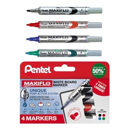 Image of Pentel Maxiflo Whiteboard Marker Fine Bullet Tip (Assorted Pack of 4)