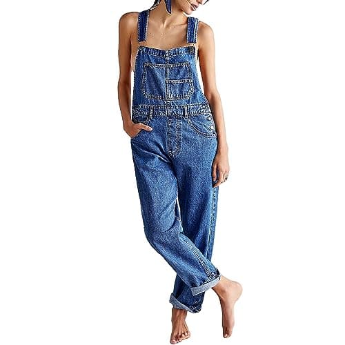 Image of FeMereina Denim Overalls for Women Loose Fit Classic Bib Casual Jean Stretchy Denim Overall Jumpsuit Tapered Leg Jean Pants (Blue, XXL)
