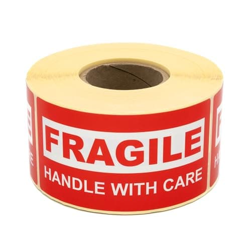 Image of MD Labels Warning Labels on Roll - Pack of 500 - 100 x 50 mm - "Fragile - Handle with Care" - Red Shipping Stickers - Adhesive Labels for Fragile Packages