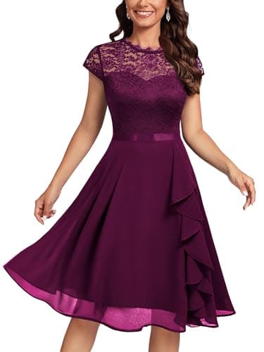 Image of MIUSOL Women's Vintage Lace Contrast Chiffon Ruffles Classy Party Flared Swing Dress ( Small, Magenta )