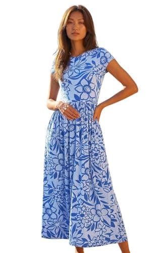 Image of Roman Midi Dress with Pockets for Women UK Ladies Stretchy Jersey Maxi Long Short Sleeve Elasticated Gathered High Waist Boho Flattering Skater Swing Fit Flare - Floral Pocket Blue - Size 12