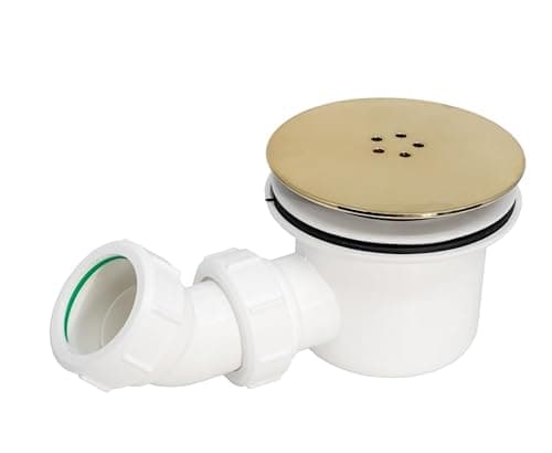 Image of Fluidmaster 90mm Hi-Flow Shower Trap/Drain – Brushed Brass & White – Fast Drainage & Stylish Design