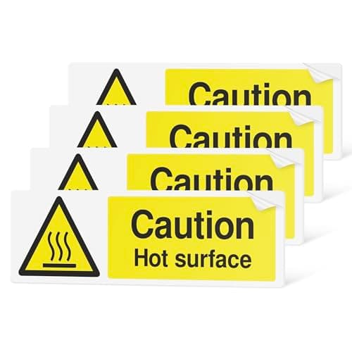 Image of Caution Hot Surface Stickers | 4 Pack | 15 x 5cm | Self Adhesive Safety Signs | Gloss Finish