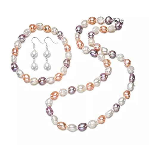 Image of Treasure Bay Womens Pearl Necklace Set | 8-9mm Natural Baroque Freshwater Pearl Necklace Bracelet and Earrings Pearl Jewellery Set for Ladies and Girls (Multicolour)
