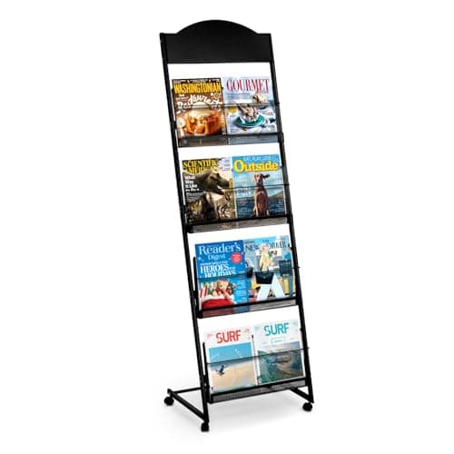 Image of SUNDOY Magazine Rack | Floor Standing Literature Display Stand with 4 Pockets | Sleek Black Design for Home, Exhibition & Office Use (With 4 Wheels)