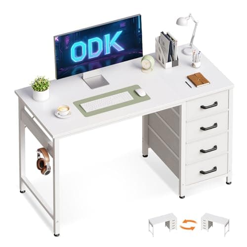 Image of ODK Computer Desk with Drawers, 100 x 48 cm Office Desk with Storage & Headphone for Small Spaces, Reversible Small Study Table for Home Office, White