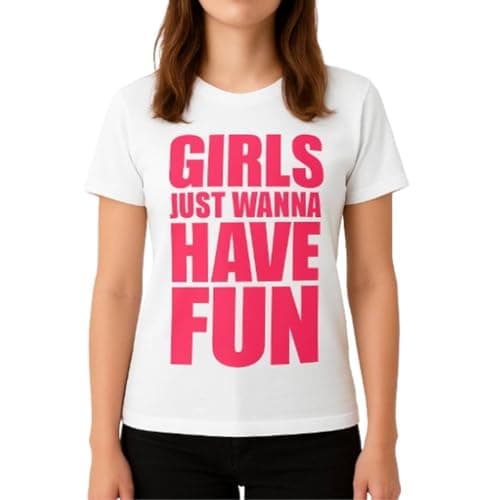 Image of Adults 80s Slogan T-Shirt - XLarge - White T-Shirt with “Girls Just Wanna Have Fun” Print - Retro Music Tee for Festival, Throwback Party, Fancy Dress, Hen Do or Costume Outfit, White