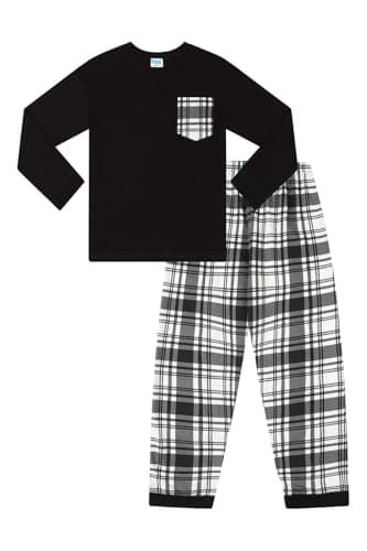 Image of ThePyjamaFactory Boys Black and White Long Tartan Check Bottoms Pyjama Set Pjs For Kids (7-8 Years)