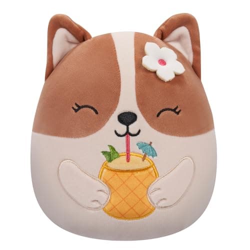 Image of Squishmallows Original 7.5-Inch - Regina the Brown and White Corgi with Pineapple Drink and Flower