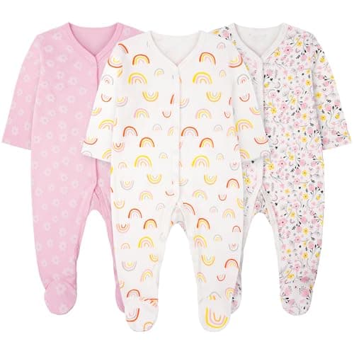 Image of Vicloon Unisex Newborn Baby Growone-Piece, 3Pcs Snap Buttons Baby Sleepsuits, 100% Cotton Rompers Long Sleeve Boys Girls, Soft & Airy, Footless Babies Grows Sleepsuits for 0-3M/3-6M/6-9M/9-12M