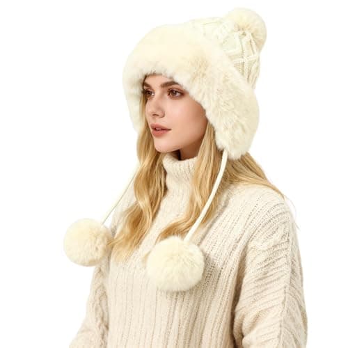 Image of TAGVO Women's Winter Knit Hat with Fleece Lining & Triple Pom Poms – Warm Soft Earflap Beanie for Cold Weather Beige