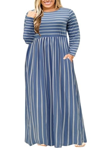 Image of Nemidor Plus Size Maxi Dress for Curvy Women Fall Casual Loose Long Sleeve Dresses with Pocket 14-26, Blue Stripe, 22 Plus