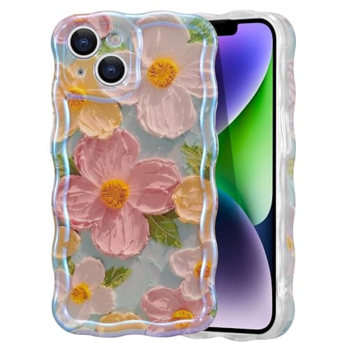 Image of EYZUTAK Case for iPhone 15, Colorful Retro Oil Painting Flower Laser Beam Glossy Pattern Cute Curly Waves Border Exquisite Phone Cover Stylish Durable Soft TPU Protective Case for Girls Women - Green