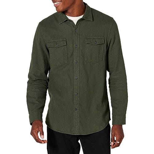 Image of Amazon Essentials Men's Slim-Fit Long-Sleeve 2-Pocket Flannel Shirts, Olive Heather, L
