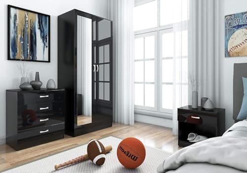 Image of Harmin Mirrored High Gloss 3 Piece Bedroom Furniture Set - Soft Close Wardrobe, 4 Drawer Chest, Bedside Cabinet (BLACK ON BLACK)