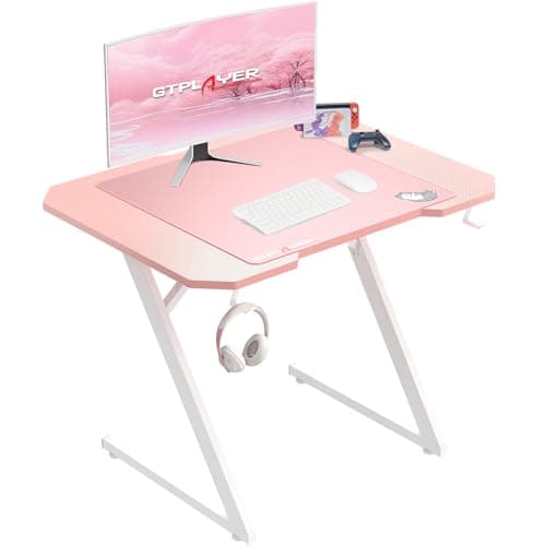 Image of GTPLAYER Gaming Desk Computer Desk Sturdy Carbon Fiber Z Frame Large Gaming PC Table with Headphone Hooks for Home Office Bedroom (Pink, 100CM)
