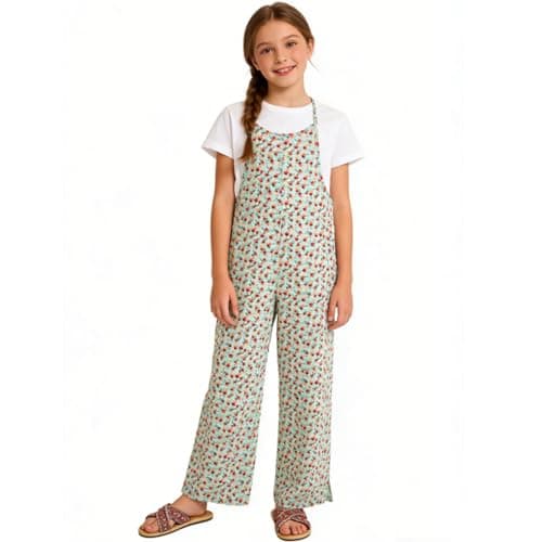 Image of Rolanko Girls Jumpsuit Adjustable Spaghetti Strap Loose Overalls Rompers, Cotton Baggy Plain Playsuits with Pockets for Age 5-12 Years, GreenRose, Size: 13-15 Years, 170