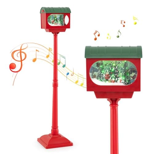 Image of COSTWAY Christmas Street Lamp, Musical Festive Lamp Post with LED Lights, Snowy Effects and Santa Scene, Snowing Santa Lamp for Home, Doorway and Porch (150cm, Mailbox Shaped, Red)