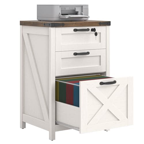 Image of BonVache Filing Cabinet 3 Drawers Small File Cabinet, Farmhouse Vertical Filing Cabinet Fits Letter and A4 Size, Under Desk Wooden File Cabinets for Home Office, Printer Stand, Rustic White