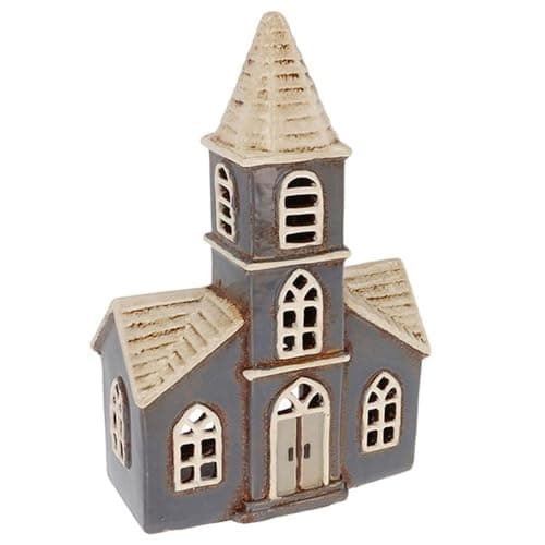 Image of Shudehill Giftware Village Pottery Double Fronted Church Tealight Holder Ceramic 26cm x 16.5cm x 8cm 345210