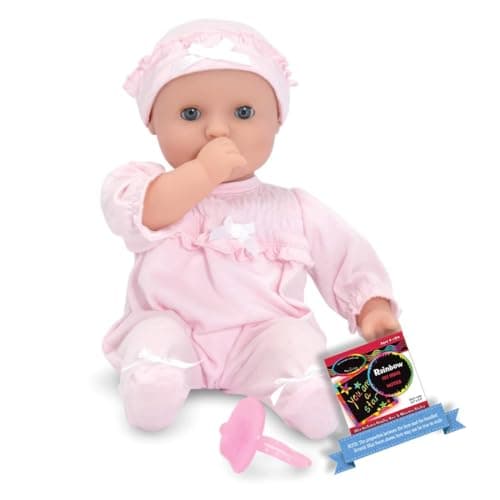 Image of Melissa & Doug Jenna: 12" Mine to Love B a b y Doll Bundle with 1 Theme Compatible M&D Scratch Fun Mini-Pad (04881)
