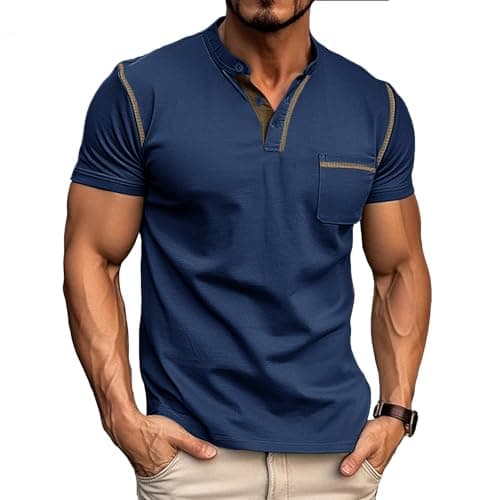 Image of Mens Henley T-Shirts Cotton Short Sleeve Shirts Casual Summer Shirt Tops Blue T Shirt Men S