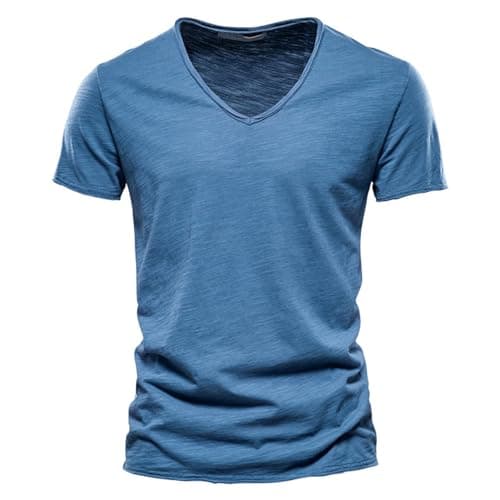 Image of Men's Short Sleeve T Shirts Casual V Neck Cotton Summer Tees for Men Blue