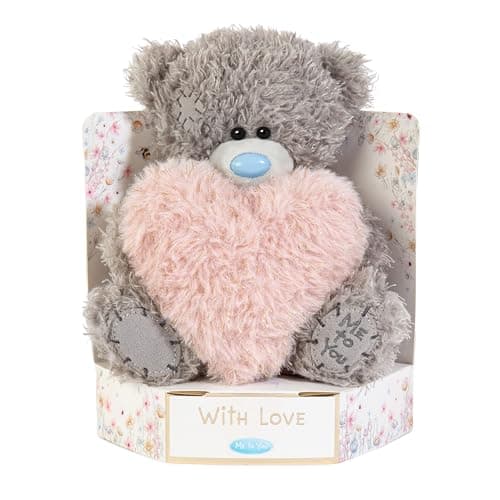Image of Me to You Tatty Teddy Plush 15cm-High 'With Love' Bear Holding Fluffy Heart On Luxury Gift Plinth - Official Collection, Grey