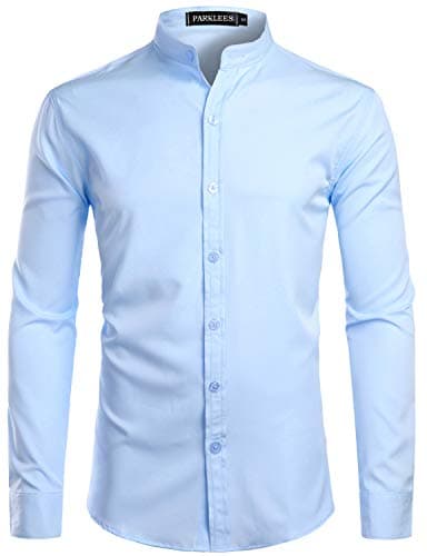 Image of PARKLEES Men's Slim Fit Long Sleeve Button Up Casual Band Collar Shirts CL08 Light Blue M