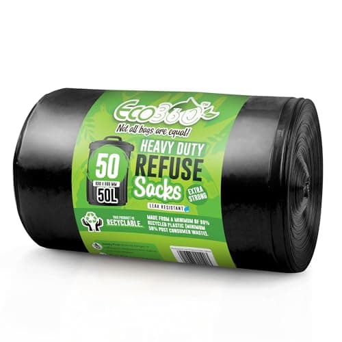 Image of EcoBag - 50 Pack Heavy Duty Bin Bags - 50L - 35 Microns - Recyclable Black Bin Bag with Leak Resistant Seal, Sustainable Refuse Sack, Eco-Friendly Rubbish Bag for Home, Office & Kitchen (600x800 mm)