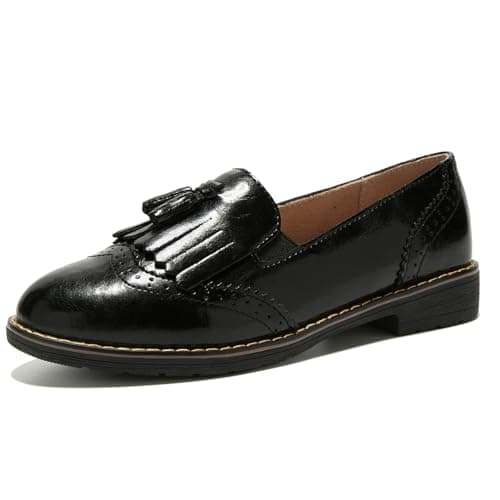 Image of TRULAND Women's Penny Loafers Slip On Leather Wingtip Tassel Oxford Shoes (CN 40/6.5 UK,All Black)