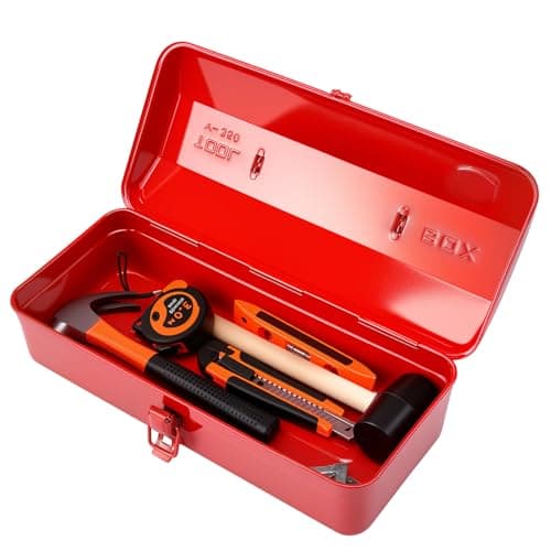 Image of Large Metal Tool Storage Box with Handle for Home, Garage & Workshop, 37×16×12cm Portable Tool Case with Lid Locking Professional Storage Cabinet for Wrenches, Screwdrivers, Small Parts(Red)
