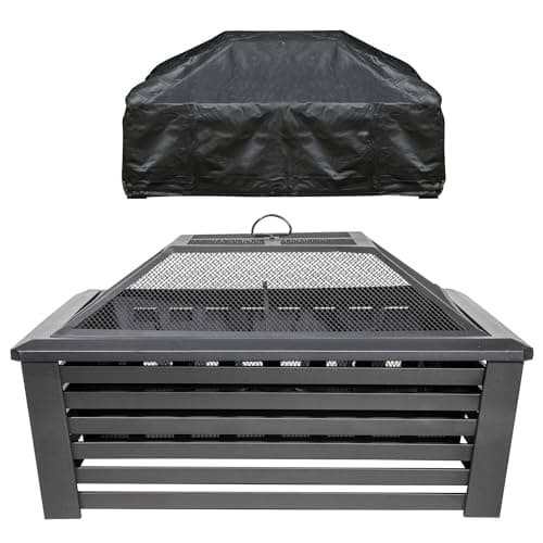 Image of Dellonda 89cm Square Outdoor Fire Pit, Mesh Screen Lid, Black with Water Resistant Drawstring Cover - DG238