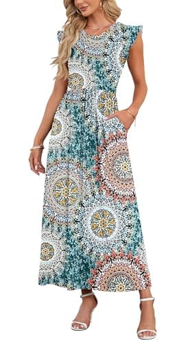Image of AUSELILY Women's Elegant Ruffle Short Sleeve Crewneck Maxi Dress for Beach Boho Print Casual Long Dresses with Pockets Print Green,L