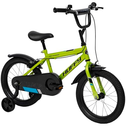Image of Huffy Pro Thunder 16-inch Kid's Bike, aged 5-7 years, Acid Green, Removable Stabilisers, Chainguard, Front and Rear Mudguards, Dual Caliper Brakes