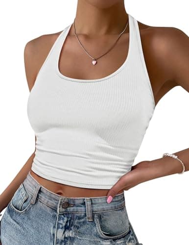 Image of Ekouaer Crop Top Tank Top Backless Vest Tops Women UK Sommer Going Out Tops Ribbed Knitted Basic Vest Tops, White, S