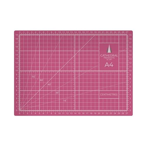 Image of Cathedral Products A4 Double-Sided Self-Healing Cutting Mat | 3mm Thick | Metric and Imperial Grids | Pink