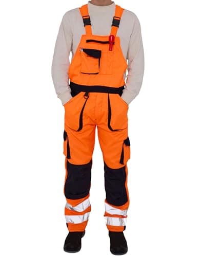 Image of LABEL APPAREL Men's Hi Vis Bib & Brace Workwear Dungarees Adjustable Straps Work Dungarees For Men, Orange/Navy Colour, Size- L
