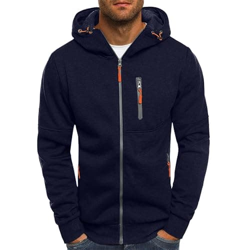 Image of Mens Hoodies Casual Fleece Hooded Sweatshirt Full-Zip Long Sleeve Pullover Hoody Tops Navy XXL