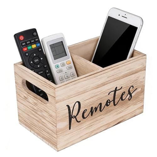 Image of Punorric Remote Control Holder - Solid Wood TV Remote Holder & Wooden Desk Organiser Tidy, 2 Compartments Desk Caddy for Home/Office/Bedroom, TV Controller Holder with Hollow Handles