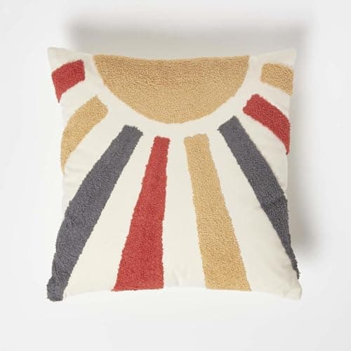 Image of HOMESCAPES Tufted Cushion Covers 45 x 45 cm, Filled, Pure Cotton Boho Throw Pillow Covers, Yellow and Orange Sunrise Cushion, Luxury Decorative Pillow Cases for Sofa or Bedroom - Insert Included