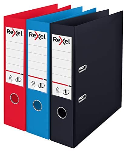 Image of Rexel Choices A4 Lever Arch Files, 3-Pack Assorted Colors (Black, Red, Blue), Durable Plastic on Board, Patented No.1 Locking Mechanism, Replaceable Spine Labels, Ring Binder, Office File Organizer
