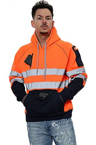 Image of Hi Vis 3 Zips Hoodie High Visibility Reflective Tape Band Work Fleece Safety Hooded Top Phone & ID Pockets Pullover Hood SweatShirts Jacket Warm Security Plus Sizes Small - 5XL (4XL, Orange Pullover)