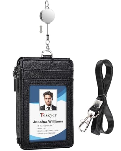 Image of Teskyer Faux Leather ID Badge Holder - Retractable Lanyard with 4 Card Slots & Zip Pocket, Oyster/Bus Pass Storage, Vertical Design (Black)