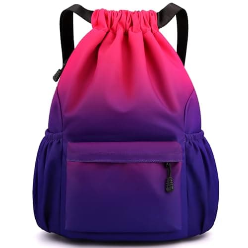 Image of Tesmien Drawstring Bags,Waterproof Swimming Bags Unisex Sports Backpacks for Kids Adult, Large Drawstring Sackpacks Bags for School Gym Sports Travel Swimming-Red Purple